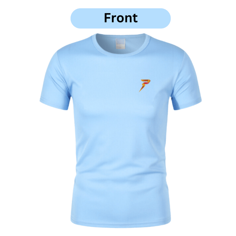 Men s Dry Fit Short Sleeve T shirt Light Blue Logo Front L